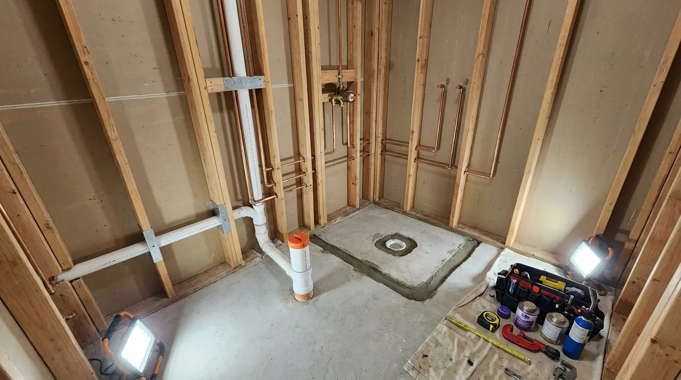 Bathroom rough-in plumbing during remodel by Johns Plumbing LLC in Ceiba
