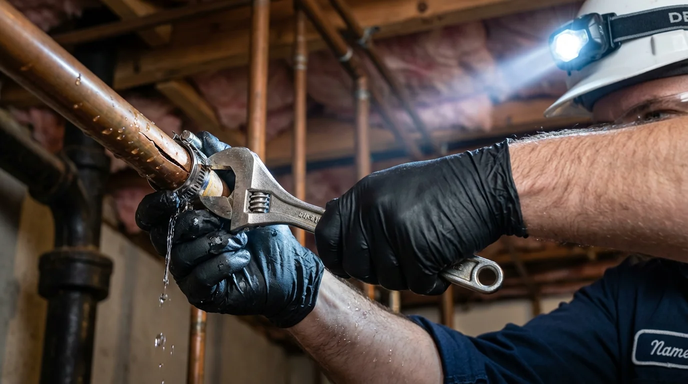 Emergency pipe clamp repair being performed by a Johns Plumbing LLC plumber in Ceiba