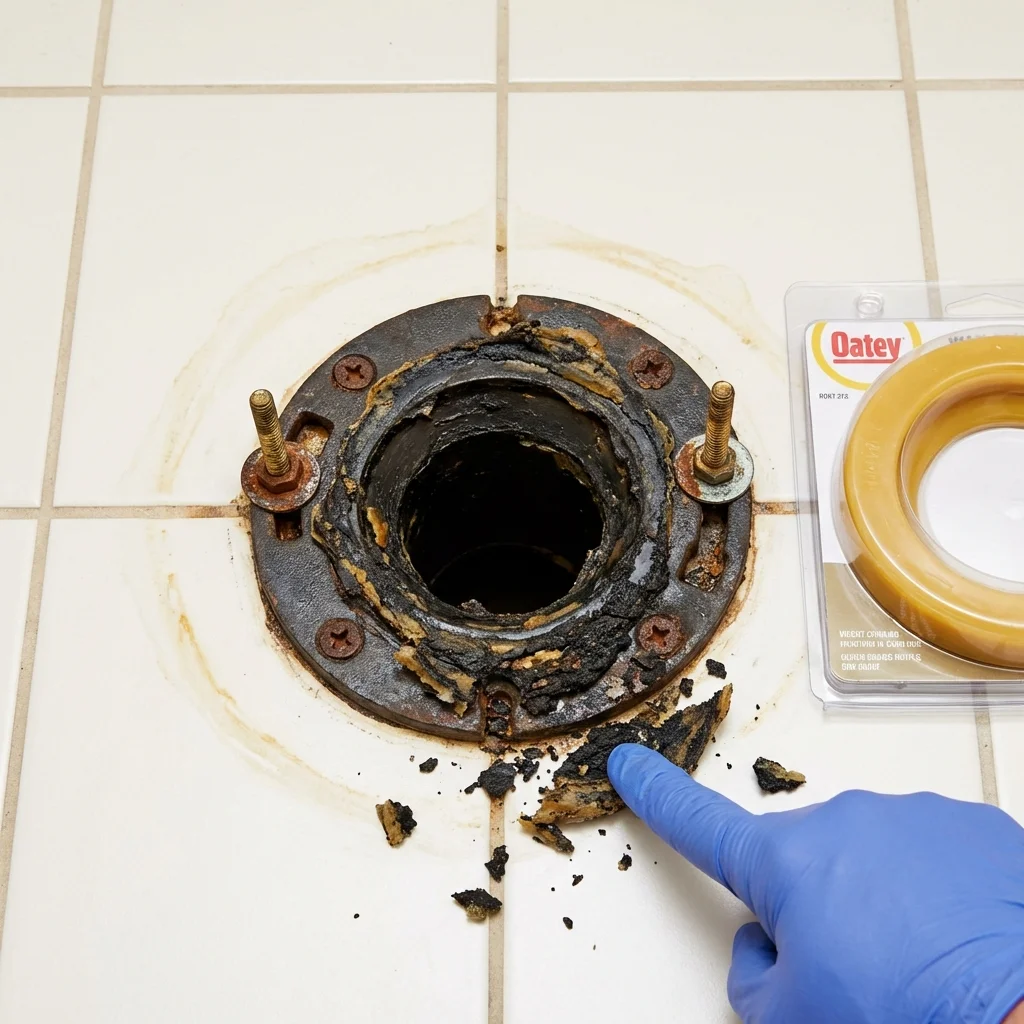 Failed wax ring showing water seepage at the base of a toilet in a Ceiba, PR home