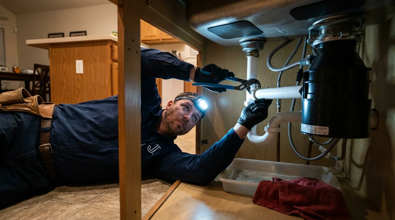 P-trap and supply line connections under a kitchen sink showing a common leak point in Ceiba, PR